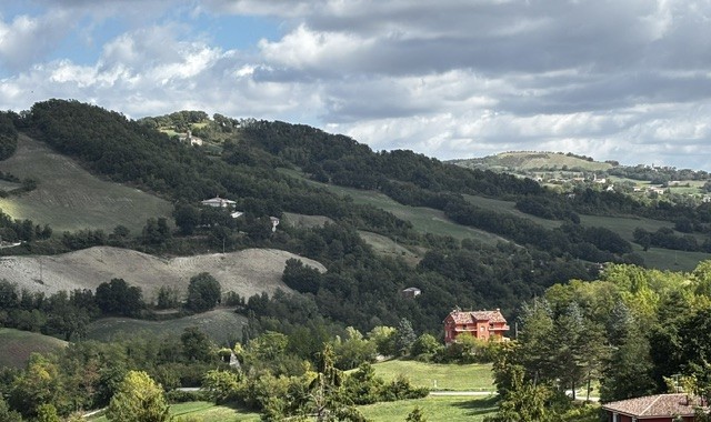 Scenic view of rolling hills covered with trees and patches of greenery, featuring a red house nestled among the landscape under a partly cloudy sky.