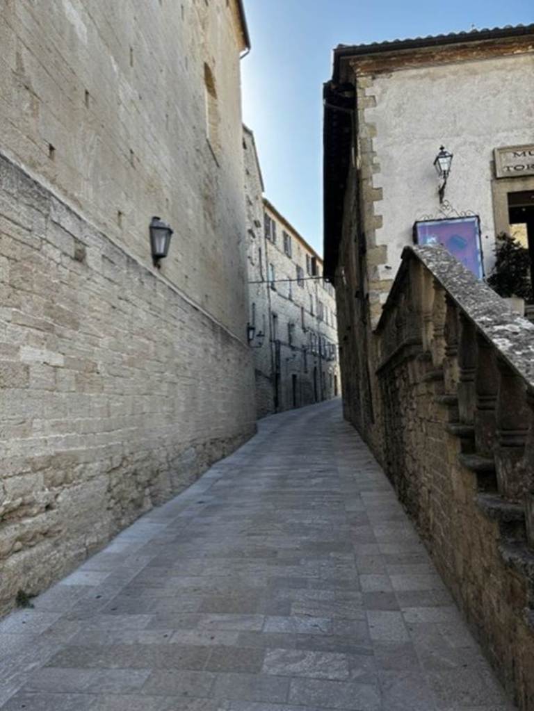 Narrow cobblestone street bordered by historic stone buildings under a clear blue sky.